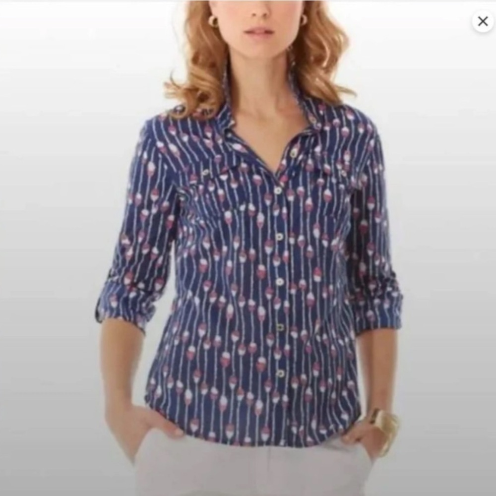 J12 Lilly Pulitzer Button Up Top Camp Oh‎ Buoy Swim Lanes Navy Blue